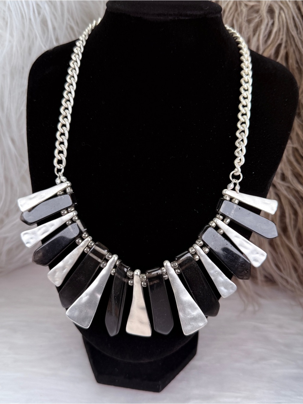 Black Smoky Silver Tone Geometric Bib Statement Necklace